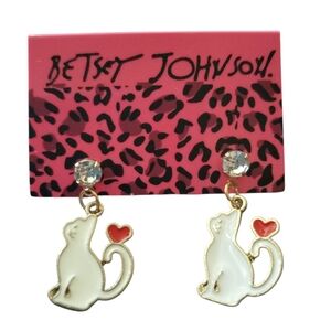 Betsey Johnson Pink and White Cat Earrings with Red Heart